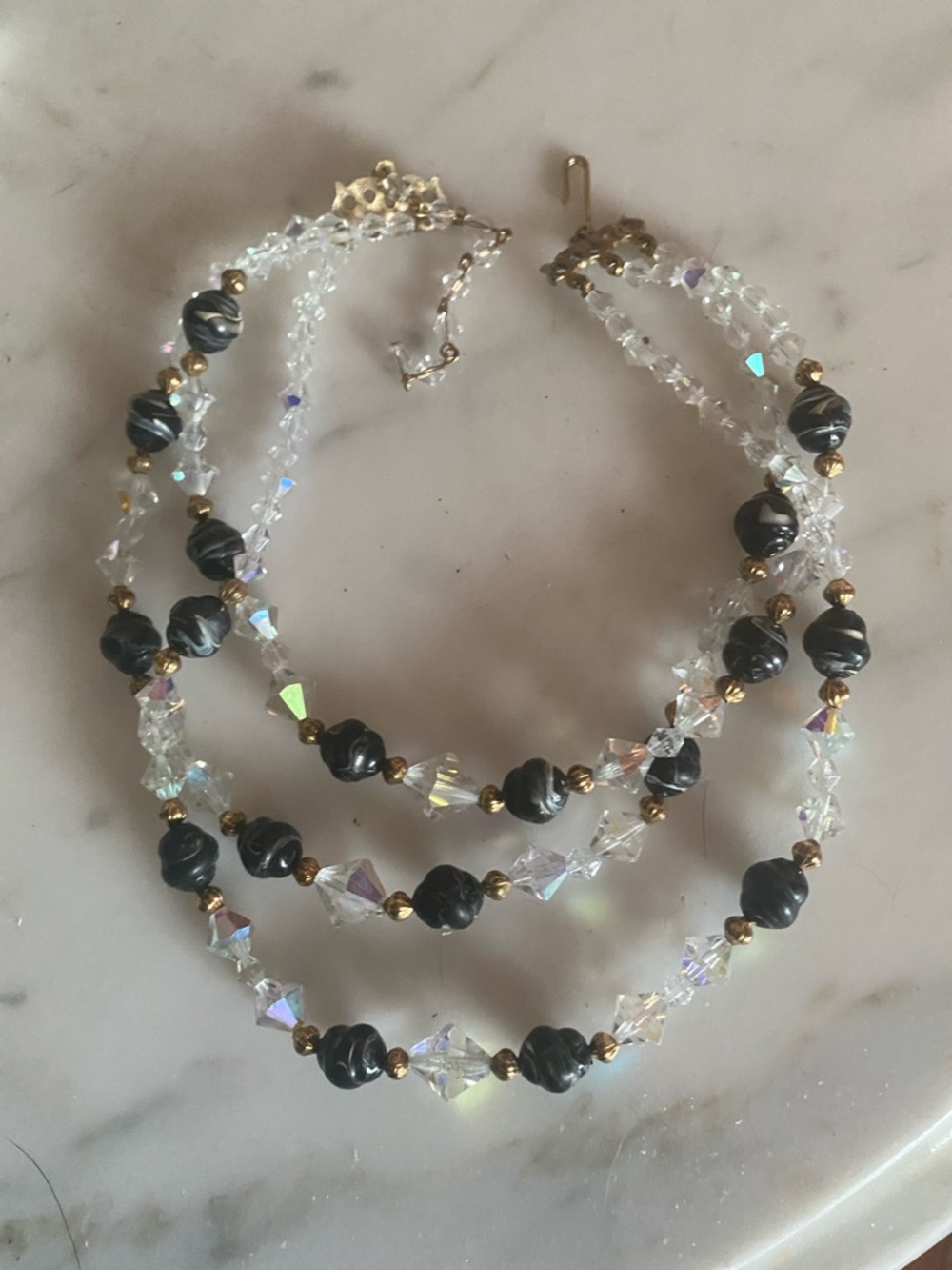 Vintage Aurora Borealis & Black bead Choker 12” with 3” extension chain